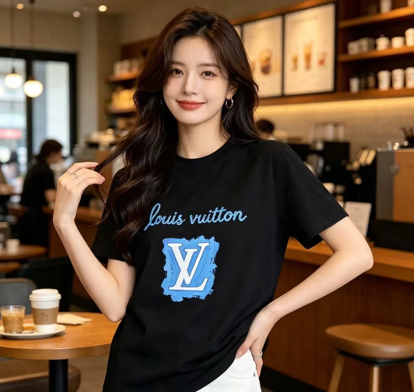 Louis Vuitton/Louis Vuitton blue graffiti LV printed short sleeves